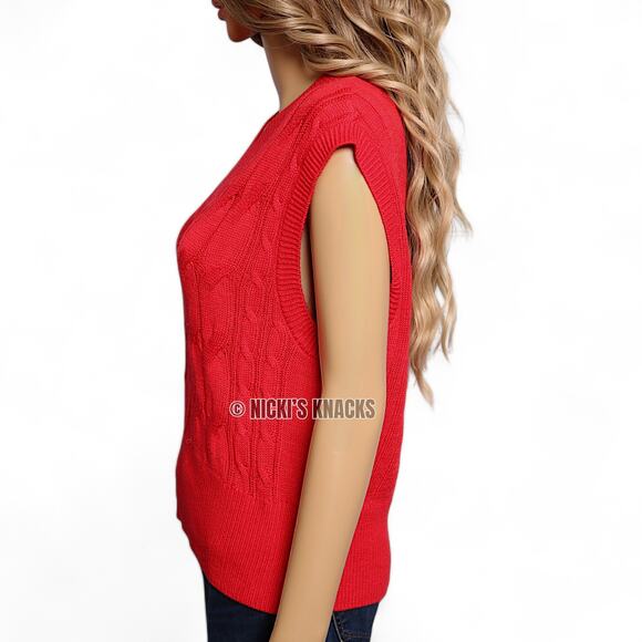 Sincerely Jules Red Cable Knit Sleeveless Sweater V-Neck Academia Preppy Size L - Picture 4 of 13